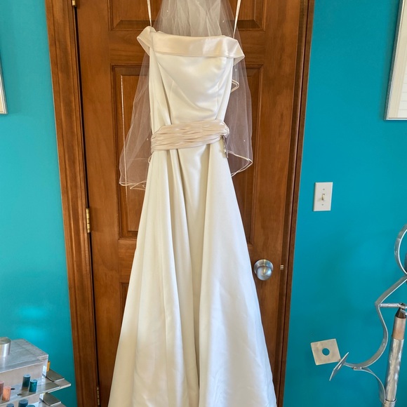 Strapless champagne colored wedding dress with matching veil and sash. - Picture 2 of 6
